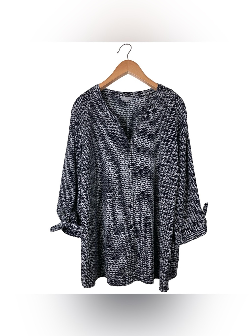 Catherines Black & White Geometric Button Up Tie Sleeve Blouse Women’s Size 4X